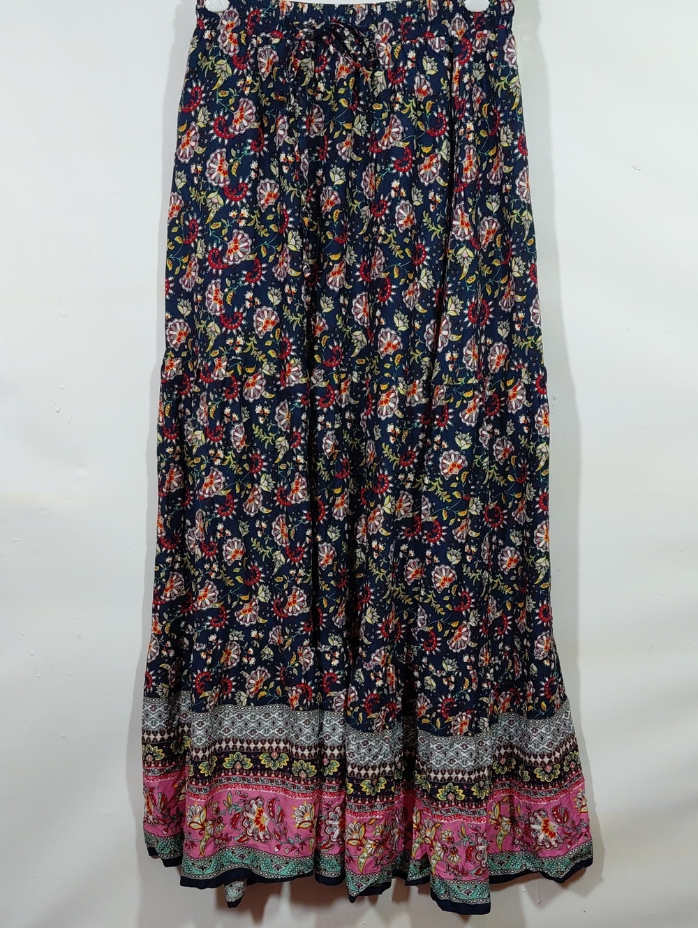 Alegra K Bohemian Navy Floral Elastic Waist Pockets Maxi Skirt Pink Border XS